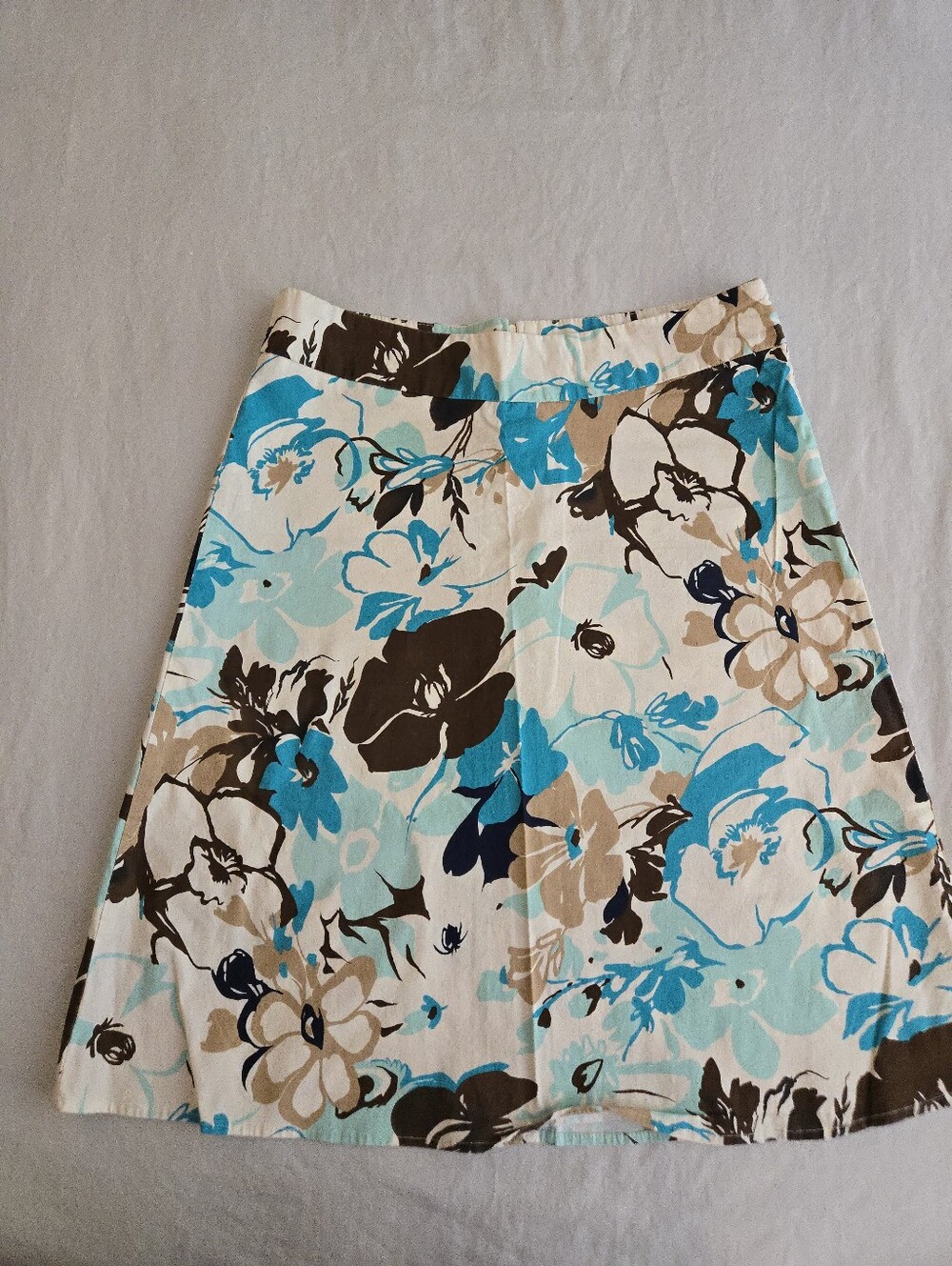 Doki Geki Floral White A-Line Mini Skirt Blue Brown Retro Stretch Cotton EB4
